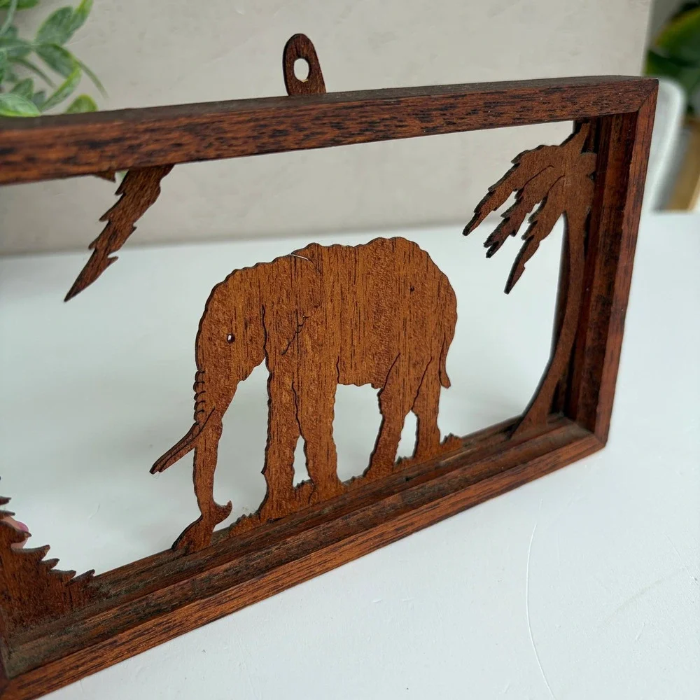 Vintage Hand Carved Wood Elephant Silhouette Shadow Box Wall Hanging Safari Art